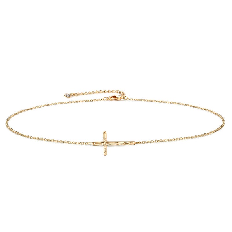 Fettero Sideways Cross Necklace Choker Gold Faith Hammered Pendant 14K Gold Plated Dainty Chain Minimalist Simple Tiny God Lords Prayer Religious Jewelry Gift - Image 1